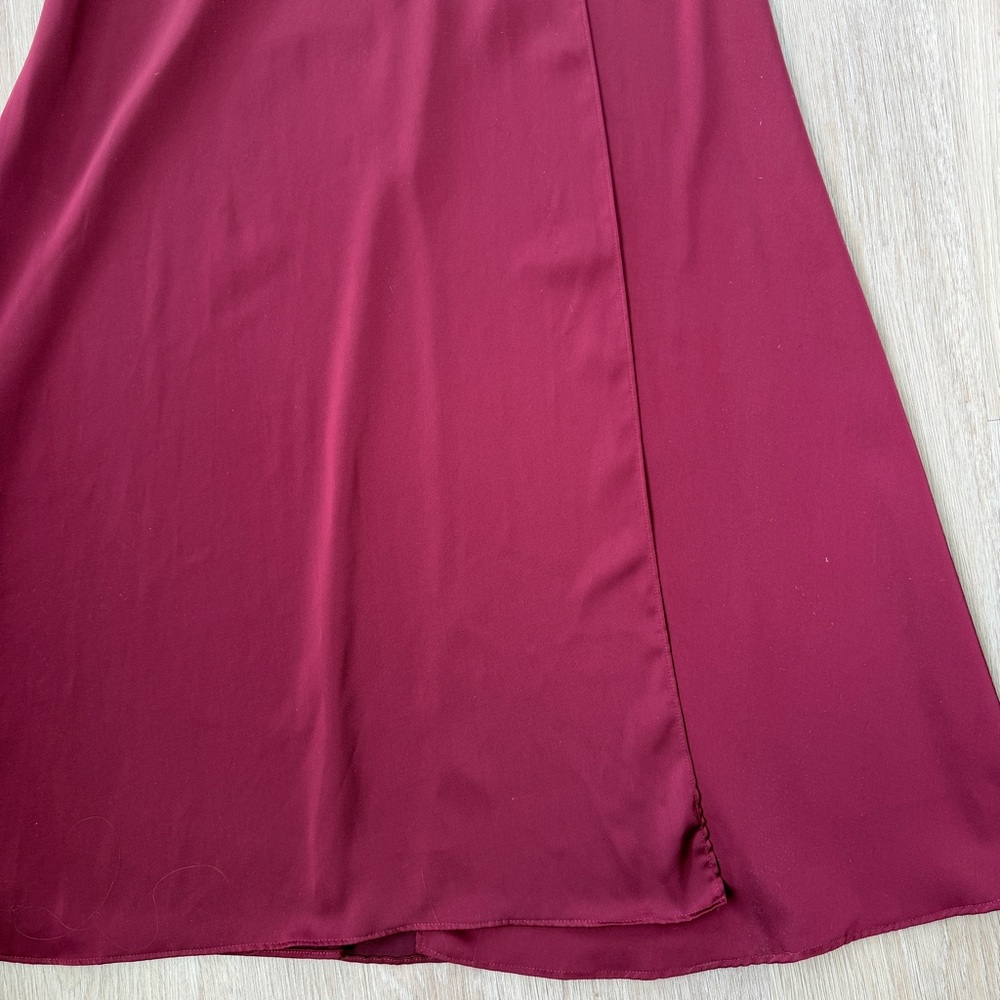 Azazie Burgundy Off-Shoulder Satin Maxi Dress with Slit - Picture 11 of 11